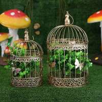 Manufacture Golden Handmade Metal Craft Wedding Table Centerpieces Decorative Showcase Display Bird Cage With Hanging Hook