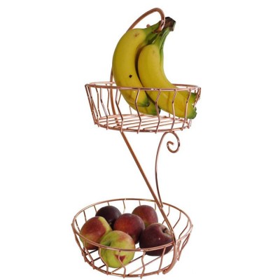 New Design Tabletop Countertop 2 Tiers Wire Fruit Basket with Banana Hanger