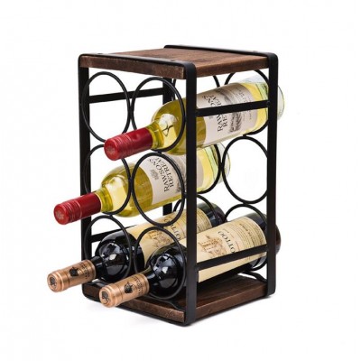 Black Metal Wrought Iron Wood Countertop Wine Rack