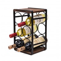 Black Metal Wrought Iron Wood Countertop Wine Rack