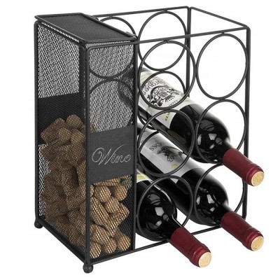 High Quality metal Wholesale Countertop Black Metal Wire Wine Rack with Cork Basket