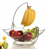 New Design Chrome Metal Wire Fruit Basket Bowl with Banana Hanger