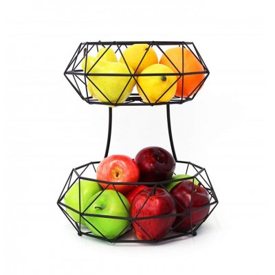 Fashion Black Metal Wire 2 Tiers Countertop Fruit Basket Stand