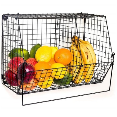 Black Metal Wire Wall Mounted Hanging Fruit Basket for Kitchen