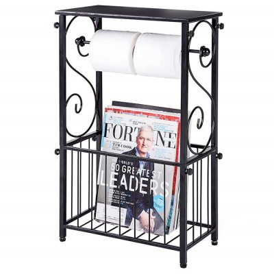 Black Metal Wire Bathroom Storage Table with Toilet Paper Dispenser and Magazine Basket