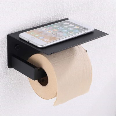 Matte Black Stainless Steel Wall Mounted Toilet Paper Holder with Mobile Phone Shelf