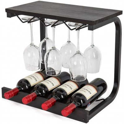 Wall Mounted Countertop Metal Wood Wine Rack Storage Shelf with Stem Glass Holder